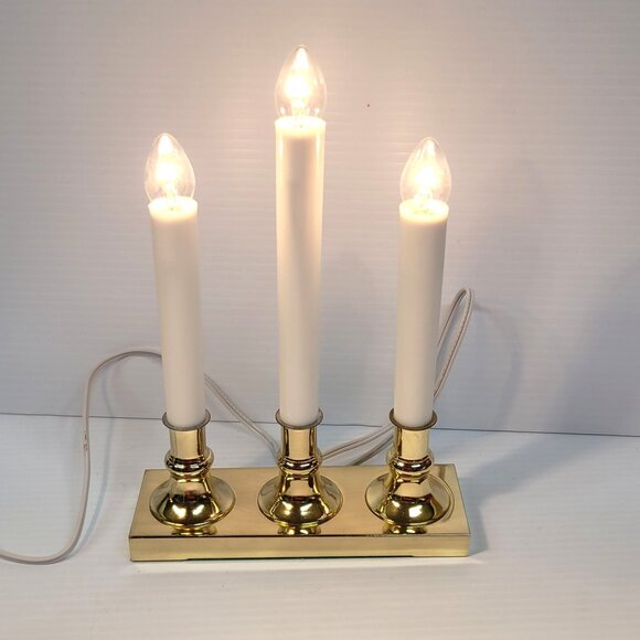 Three Light Candle Lamp Holiday Electric Home Brass Finish Base Indoor Use Box - Picture 3 of 6